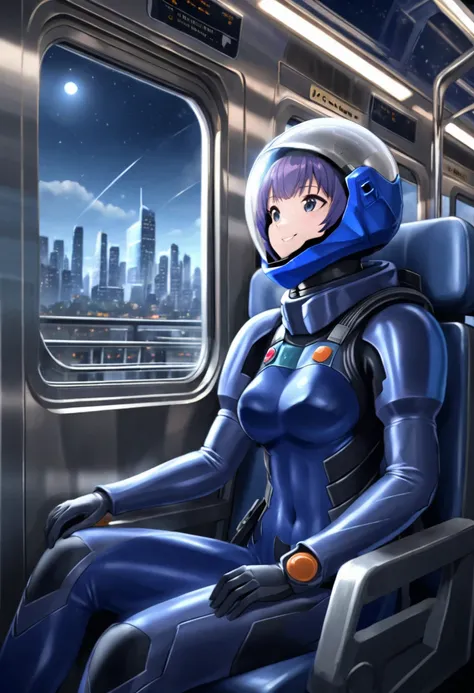 space helmet, (cinematic scene, sitting on a chair, train interior, , city view, night view: 1.5), space helmet, eva helmet, space suit, smile bubble helmet, very detailed, speed helmet, bubble helmet, ,upper body, blue bodysuit, from side