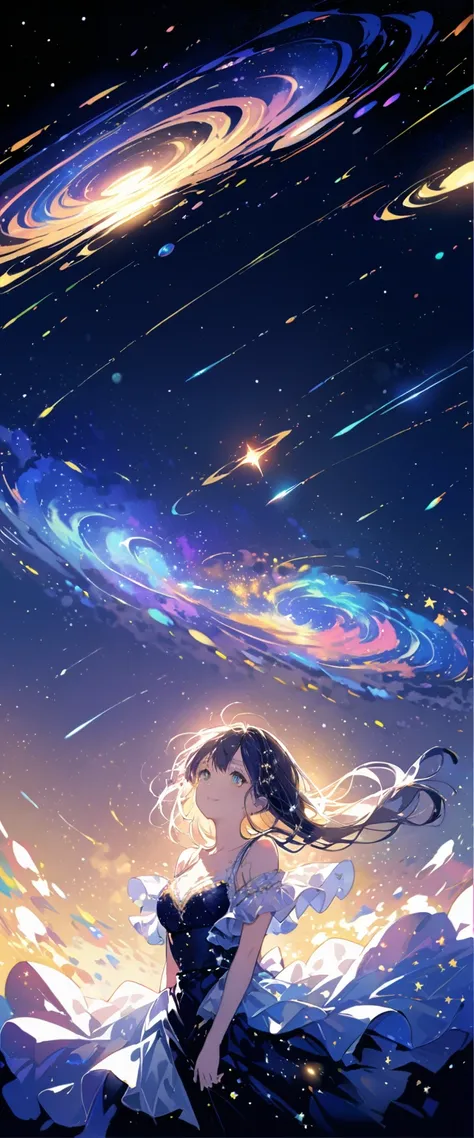 Attention to detail, Super Detail, Ultra-high resolution, A girl having fun in a dream galaxy, Surrounded by stars, The warm light that shines on her, The background depicts a starry sky with colorful galaxies and galactic clouds, The stars fly around her,...