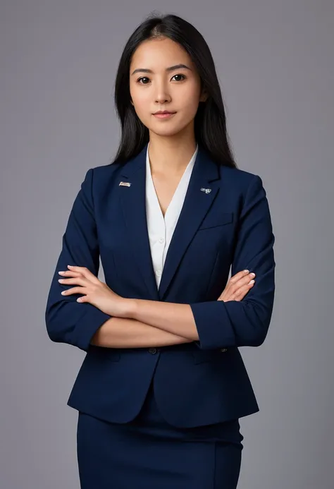 Professional image of a 25-year-old working woman, Wear a navy blue business casual suit and hip wrap skirt, Professional profile photo, posing with crossed arms, professional picture, professional profile picture, photograph of a woman, Business woman, le...