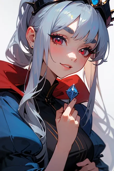 (Highest quality, masterpiece:1.2), High resolution, 最高masterpiece、Very detailed, Realistic:1.37, Fantasy, An illustration,Gray Hair、 Red eyes、Queen, Navy and blue dress、beautifully、Eyeshadow Red、Thick eyebrows、Long eyelashes、pupils are black、shiny on the ...