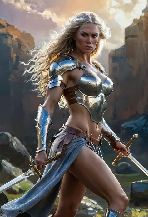 a naked valkyrie, beautiful woman warrior, flowing blonde hair, muscular athletic body, holding sword, dramatic lighting, fantasy landscape, digital art, oil painting, ornate armor, dramatic pose, volumetric lighting, highly detailed, cinematic, masterpiec...