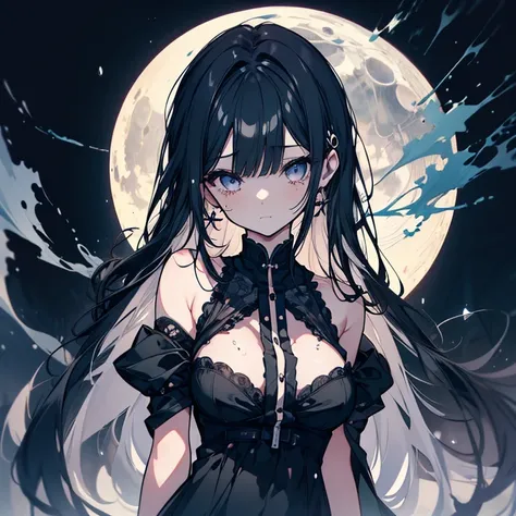 1 girl、Mature、Ample breasts、Long Hair、Black Hair、Shoulder Bare、Black Dress、Inky Dress、Dissolves like ink、black ink、Moonlit Night、Fleeting、painful、to tears、Deep in the forest、High resolution、Highest quality