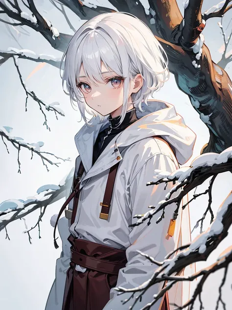 1boy, white hair, brown eyes, detailed eyes, tree background, snow, simple clothes