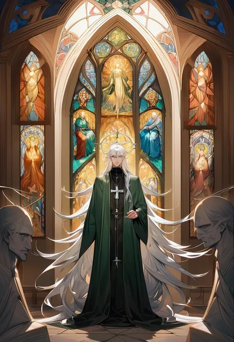 male, curtained hair, silver hair, shiny hair, absurdly long hair, halo, Light green eyes, A look of pity, dropping eyes, Elf ears, Divine, Dark green godfather robe, Silver cross necklace, Church stained glass window, Colored windows, Painting on the stai...