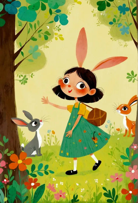 Cartoon animals and illustrations in the forest, Big Eyes Rabbit，Anthropomorphic Rabbit，Storybook illustrations inspired by Mary Blair, Trending on Behance, Process art, colorful Children&#39;s Book Illustrations, Children&#39;s illustrations, Children&#39...