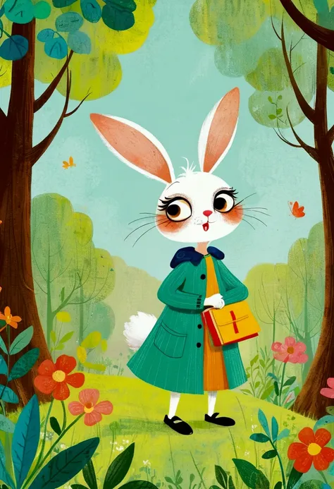 Cartoon animals and illustrations in the forest, Big Eyes Rabbit，Anthropomorphic Rabbit，Storybook illustrations inspired by Mary Blair, Trending on Behance, Process art, colorful Children&#39;s Book Illustrations, Children&#39;s illustrations, Children&#39...