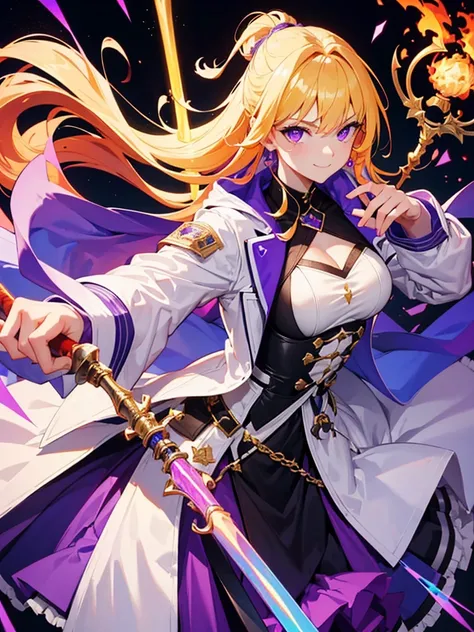 Highest quality,((Highest quality)),((Tabletop)),((Perfect Face)),detailed５Two fingered hand,1 girl.White and purple dress,White jacket,With a cane,Have a weapon,The flames flicker,Blonde,Purple eyes,smile,beauty,((Holographic))