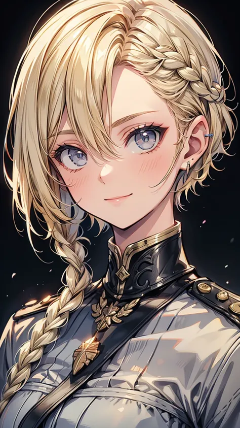 Adult women　Pixie Cut　Small braids　Blonde　smile　Glare　frivolous attitude　tall　Grey military uniform　battlefield