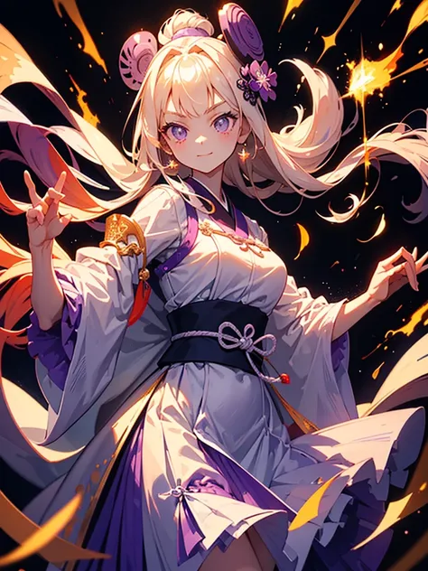 Highest quality,((Highest quality)),((Tabletop)),((Perfect Face)),detailed５Two fingered hand,1 girl.White and purple dress,White jacket,With a cane,Have a weapon,The flames flicker,Blonde,Purple eyes,smile,beauty,((Holographic)),whole body, Artistic elemen...