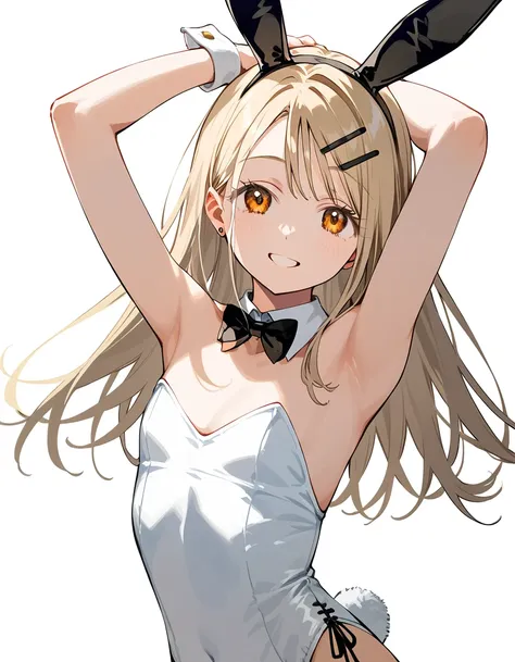 shinosawa hiro,slender,orange eyes,blonde hair,long hair,hairclip,white background,flat chest break  playboy bunny,smile,look at...