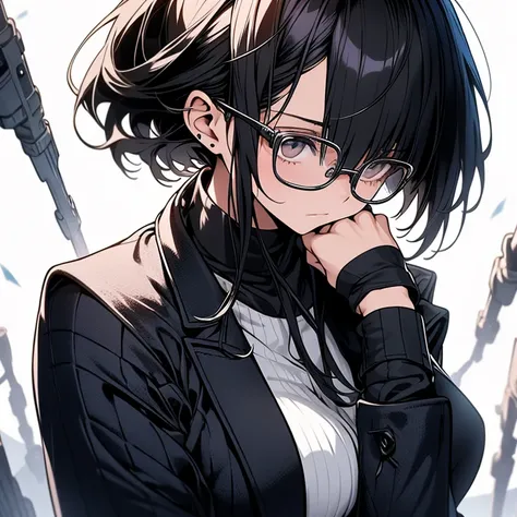 The Beauty of Knowledge,cool,Woman in her 20s,Silver glasses,Black business suit,White background,cold,Emotionless,Black Hair,Upper Body,From the neck up,Straight Hair,short hair