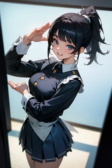 (Highest Resolution, clear_image) Highest quality, single, One Woman, alone, masterpiece, Very detailed, Semi-realistic, Black Hairのショートヘア, Black Hair, bangs, 18-year-old, mature, light blue uniform, uniform, Indoor Background, kind, Authoritative, Powerfu...