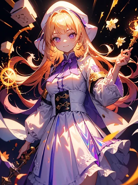 Highest quality,((Highest quality)),((Tabletop)),((Perfect Face)),1 girl.White and purple dress,White jacket,With a cane,Have a weapon,The flames flicker,Blonde,Purple eyes,smile,beauty,((Holographic))
