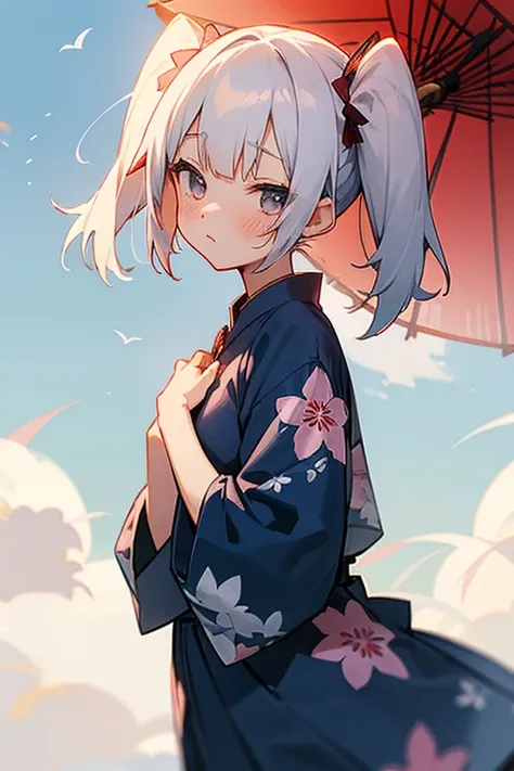 Short white hair, blush, (yukata)、Headbang 2.、(Navy blue clothes.Floral).Twin tails、sharp、(Summer festival)、