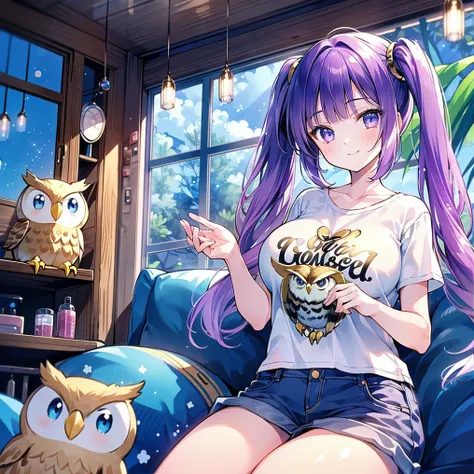 (masterpiece), (HDR), absurdres, (best quality), (ultra high quality), (hi-res), (1girl), (lavender eyes), beautiful detailed eyes, teen, (dark purple hair), bangs, short side locks, (((big thick twintails))), (long straight hair), (((two gold hair ties)))...