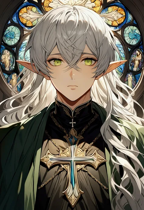 male, curtained hair, silver hair, shiny hair, absurdly long hair, halo, Light green eyes, A look of pity, dropping eyes, Elf ears, Divine, Dark green godfather robe, Silver cross necklace, Church stained glass window, Colored windows, Painting on the stai...