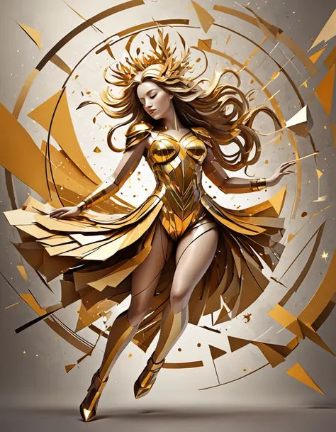 "Visualize an interpretation of the zodiac sign Virgo. Break the shape down into geometric shapes and fragmented planes, To capture its movement and energy in a unique and abstract way. Integrate golden colors and sharp angles, to convey a feeling of movem...