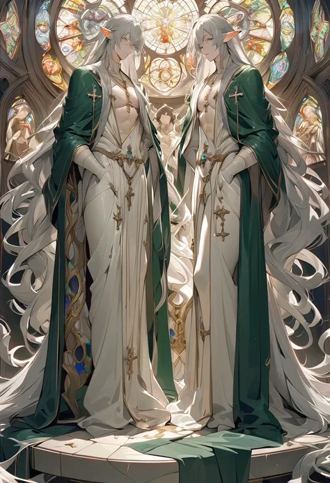 male, curtained hair, silver hair, shiny hair, absurdly long hair, halo, Light green eyes, A look of pity, dropping eyes, Elf ears, Divine, Dark green godfather robe, Silver cross necklace, Church stained glass window, Colored windows, Painting on the stai...