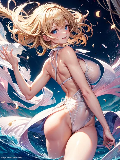 Anime style, super fine illustration, highly detailed, beautiful detailed, pale tone image, Sensual posing Portrait, static representation, gentle expression, 8k, Dynamic angle from behind, pretty 1girl with blonde straight short hair & blue eyes & a brigh...