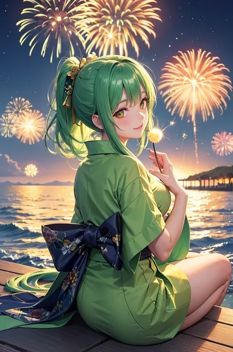 (beautiful back style), (solo:2, 15 yo, Look love face), (beautiful detailed ponytail green hair long hair) (best cute girl, cute yellow eyes, glossy lip, medium tits, love smile), in A beautiful detailed yukata, sit down on breakwater, break, in the night...