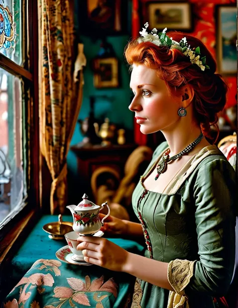 an exhausted middle-class redhead female worker [Elizabeth II:Maude Adams:0.45] in her small living room rent flat, inspired by the Don Lawrence style. She’s looking out of the window, lost in her thoughts, while holding a cup of tea.