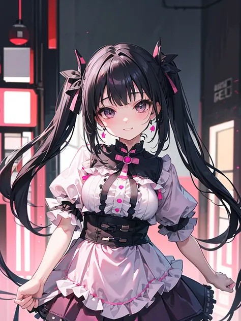 (8k、Best image quality、Highest quality、masterpiece)、Detailed face、One Girl、Black Hair、((Twin tails))、Blunt bangs、short hair、Wavy Hair、Grey Eyes、Earrings、Wicked Smile、Grin、mask_Pull、Moderate bust、((Pink clothes))、Frills、Black Ribbon、Black mini skirt、Frills、...