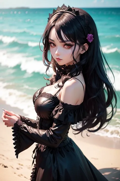 Create an extremely beautiful gothic anime character on the beach 