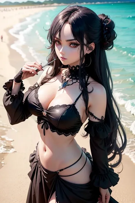 Create an extremely beautiful gothic anime character on the beach 