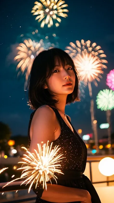 40-year-old Japanese woman with black bob hair Real fireworks Summer vacation Night sky Side angle

