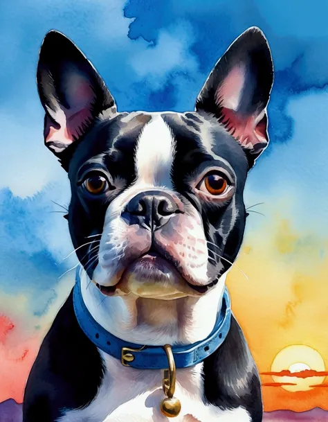 (best quality,watercolor effect:1.2),A Boston Terrier Dog,watercolor painting of a Boston Terrier Dog with a blue and cloudy sky as a background，Sunset