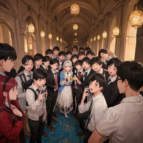 A group of 12 teenage boys and 1 teenage girl are taking a photo together in one frame