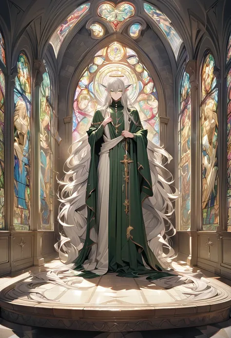 male, curtained hair, silver hair, shiny hair, absurdly long hair, halo, Light green eyes, A look of pity, dropping eyes, Elf ears, Divine, Dark green godfather robe, Silver cross necklace, Church stained glass window, Colored windows, Painting on the stai...