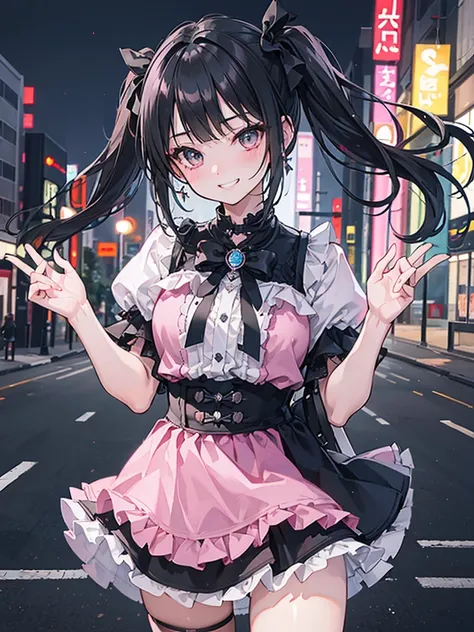 (8k、Best image quality、Highest quality、masterpiece)、Detailed face、One Girl、Black Hair、((Twin tails))、Blunt bangs、short hair、Wavy Hair、Grey Eyes、Earrings、Wicked Smile、Grin、mask_Pull、Moderate bust、((Pink clothes))、Frills、Black Ribbon、Black mini skirt、Frills、...