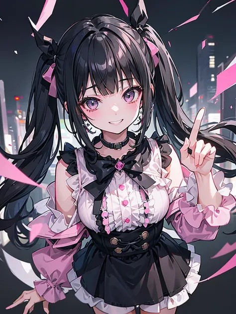 (8k、Best image quality、Highest quality、masterpiece)、Detailed face、One Girl、Black Hair、((Twin tails))、Blunt bangs、short hair、Wavy Hair、Grey Eyes、Earrings、Wicked Smile、Grin、mask_Pull、Moderate bust、((Pink clothes))、Frills、Black Ribbon、Black mini skirt、Frills、...