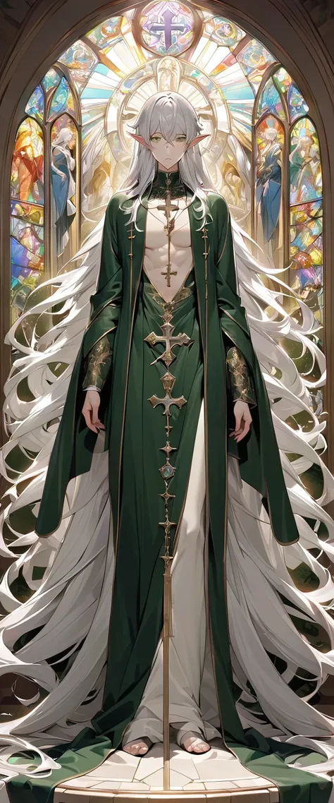 male, curtained hair, silver hair, shiny hair, absurdly long hair, halo, Light green eyes, A look of pity, dropping eyes, Elf ears, Divine, Dark green godfather robe, Silver cross necklace, Church stained glass window, Colored windows, Painting on the stai...