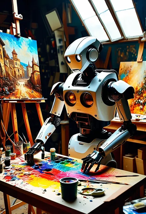 A robot painter in a cluttered studio, meticulously recreating a Renaissance masterpiece Status: Focused and precise, the robots pose mimics the stance of a traditional artist Composition: A wide-angle shot showcasing the studios chaos, inspired by Edward ...