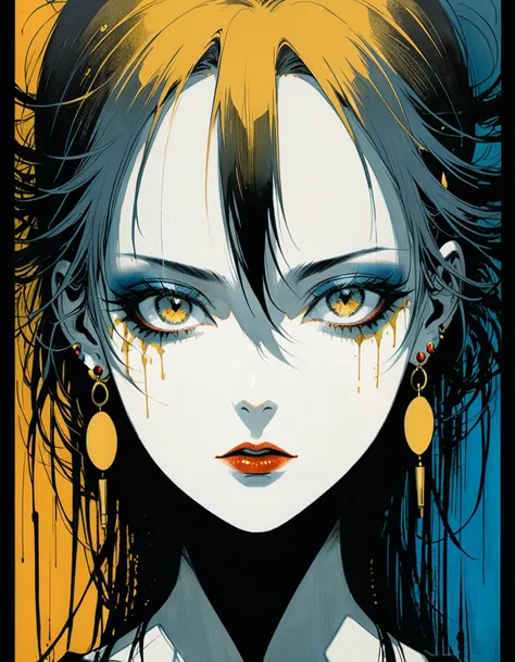 in style of Gris Grimly,in style of Hans Hartung
amazing artistic special effects from Hans Hartung,{with the text:"GoD IS DEAD":1.8},1girl,captivating gaze,multiple earrings