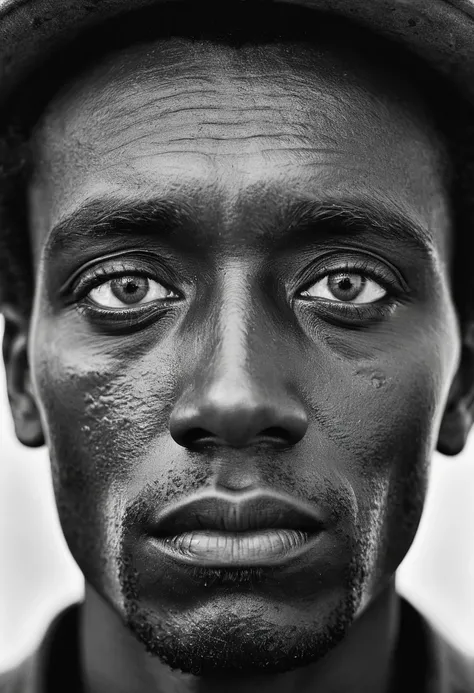 black male face, ultra detailed, high detailed skin, (face covered by milk:1.2), sharp reflection eyes, B&W, style of Norman Ackroyd