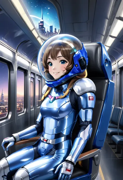 space helmet, (cinematic scene, sitting on a chair, train interior, , city view, night view: 1.5), space helmet,, space suit, smile bubble helmet, very detailed, speed helmet, bubble helmet, ,upper body, blue bodysuit,