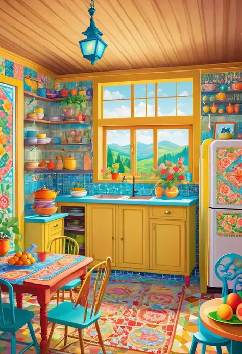 luxury interior of a kitchen, in the style of folk art - inspired illustrations, patterned paperclippings, detailed, flowers, in...