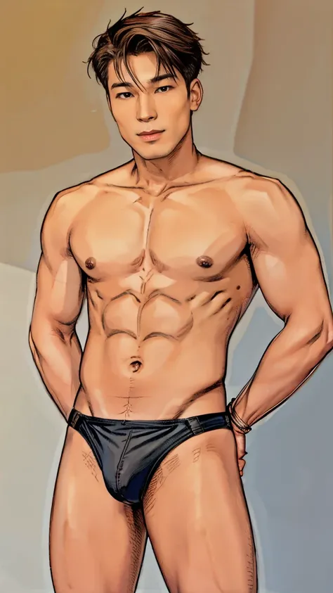 Masculine Asian Men Male, Masculine Men, dark ash brown cool tone, nude, mesh micro thong bikini, ash grey dark hair, buzz cut hairstyle, pink skin color undertone skin, he showing off his body, full body portrait from head to feet show off, full body port...