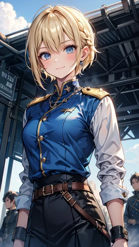 Adult women　Pixie Cut　Small braids　Blonde　smile　Glare　frivolous attitude　tall　Sky blue military uniform　battlefield