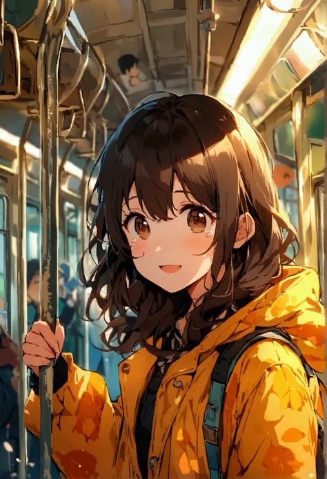 In a warm and friendly illustration style、Expressing everyday scenes。A person who wakes up in a hurry to hear the morning snooze alarm、The picture shows her on a crowded train, having forgotten to change her clothes.。Leaning on the passenger next to me、Wit...