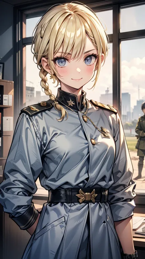 adult women　pixie cut　small braids　blonde　smile　glare　frivolous attitude　tall　grey military uniform　battlefield