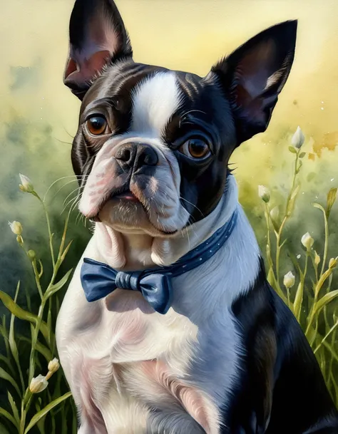 (best quality,4k,8k,highres,masterpiece:1.2),ultra-detailed,(realistic,photorealistic,photo-realistic:1.37),(watercolor painting),oil painting,hand-drawn,Boston Terrier Dog,soft colors,layering,oil painting style,subtle brushwork,exquisite details,fine bru...