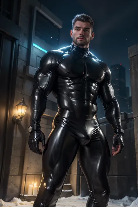 ultra high res, best quality, photo, 4k, (photorealistic:1.4), cinematic lighting, a muscular man, abdominal muscle, wearing black shiny tight latex crop top,gold black tight latex leggings,cyberpunk environment, snow and environment in the background, cat...