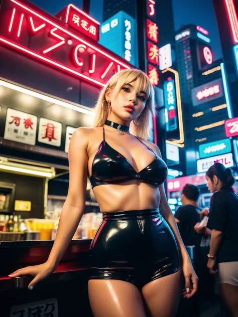 1girl,  (((bimbo))),hoop earrings, puffy lips, painted lips, thick lips. 
blonde hair, short twintails, wide hips, thick thighs, bursting breasts Nightlife, Night city, Cyberpunk city, futuristic cityscape. Neon lights, (skyscraper:1.1), Tokyo tower, palm ...