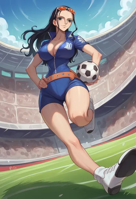 1girl, art by Eiichirio Oda, nico robin, on a stadium, football stadium, nico robin is wearing real madrid jersey, stylish pose, football near foot, one hand on waist