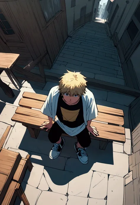 Denji from anime chainsawman, sitting on bench , full body, hip hop clothes, perspective from little above.