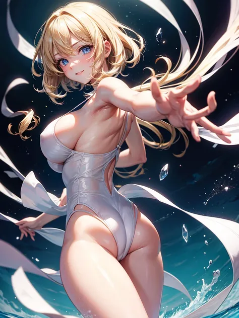 Anime style, super fine illustration, highly detailed, beautiful detailed, pale tone image, simple Sensual posing Portrait, static representation, gentle expression, 8k, Dynamic angle from behind, pretty 1girl with blonde straight short hair & blue eyes & ...